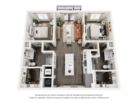 Floor plan for 2 beds, 2 baths, 1085 sqft